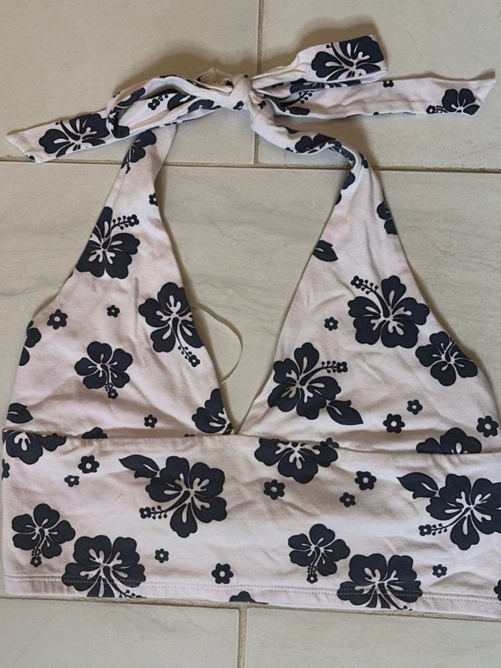 Garage White and Navy Tropical Crop Halter Top